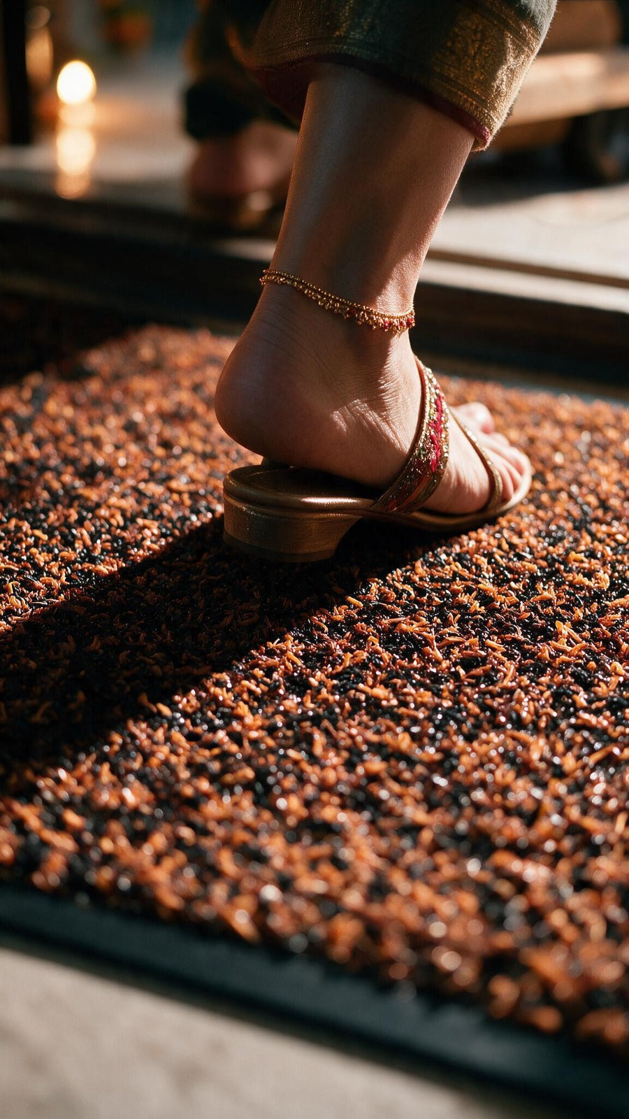 Foot stepping onto a brown and black UltiScrape scraper entrance mat by Ultimats